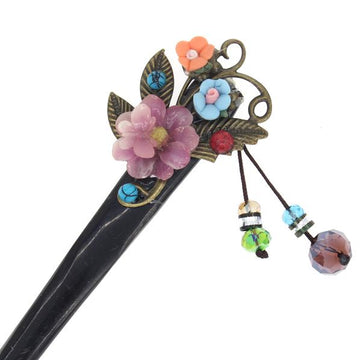 Yak Horn Hair Stick with Flowers and Beaded Tassels Purple
